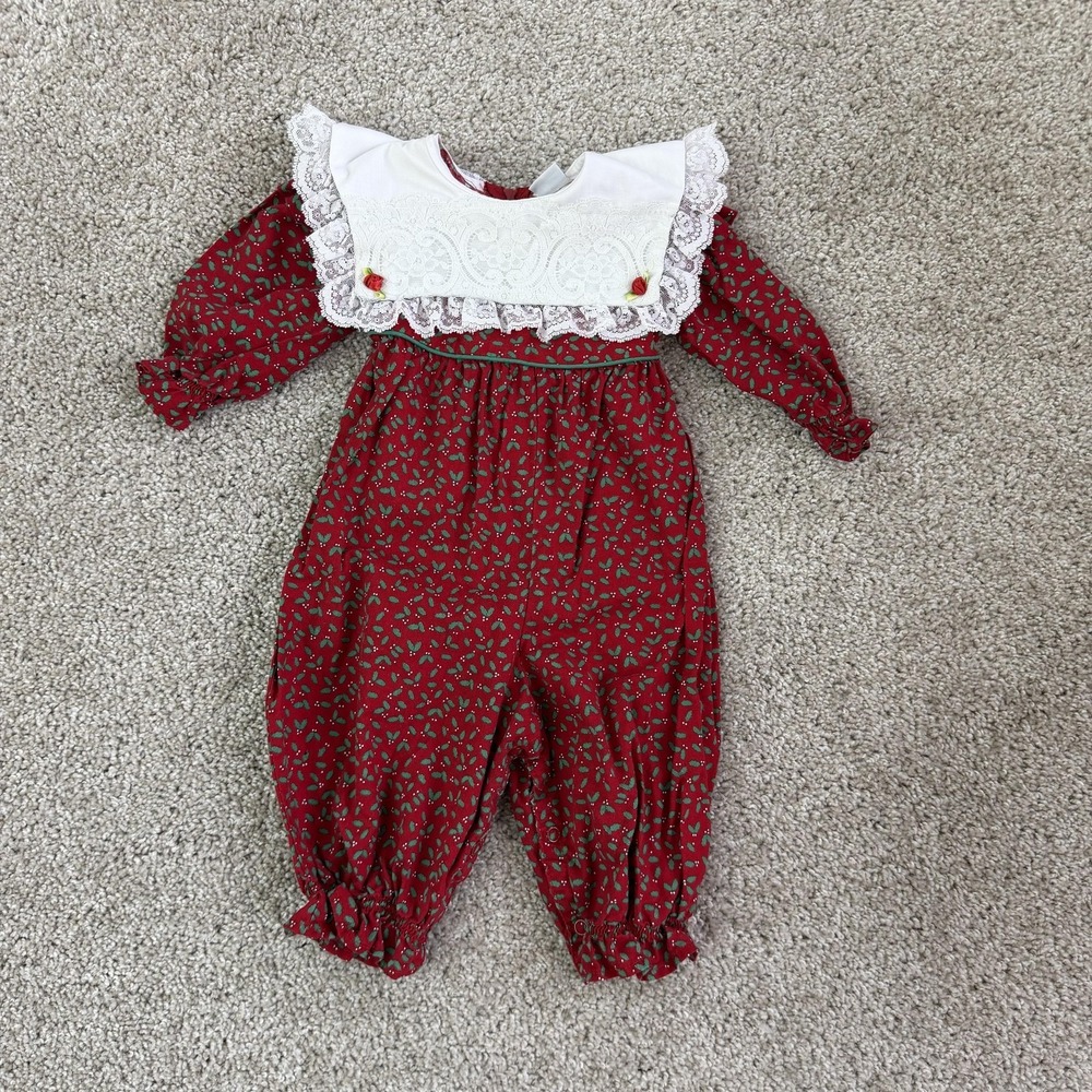 Vintage Bryan Romper Baby Girls 3-6M Red Plaid Lace Collar Made USA
